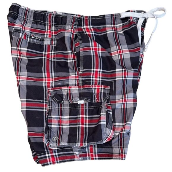 Op Plaid Shorts or Swim Trunks With Liner Black Red White Draw String - Picture 2 of 3